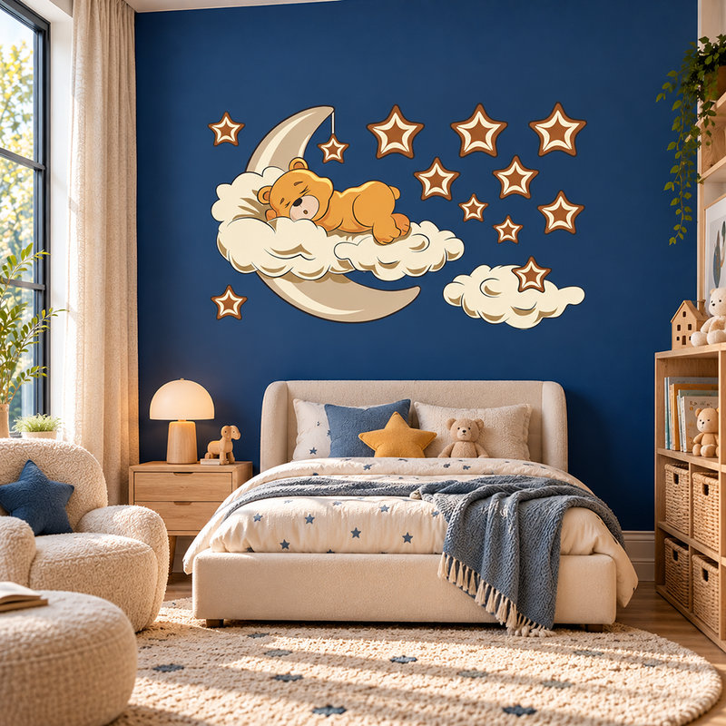 Stickers pour enfants: Ours dans les nuages et la lune neutre