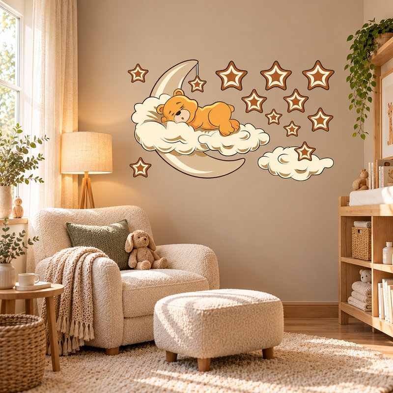 Stickers pour enfants: Ours dans les nuages et la lune neutre