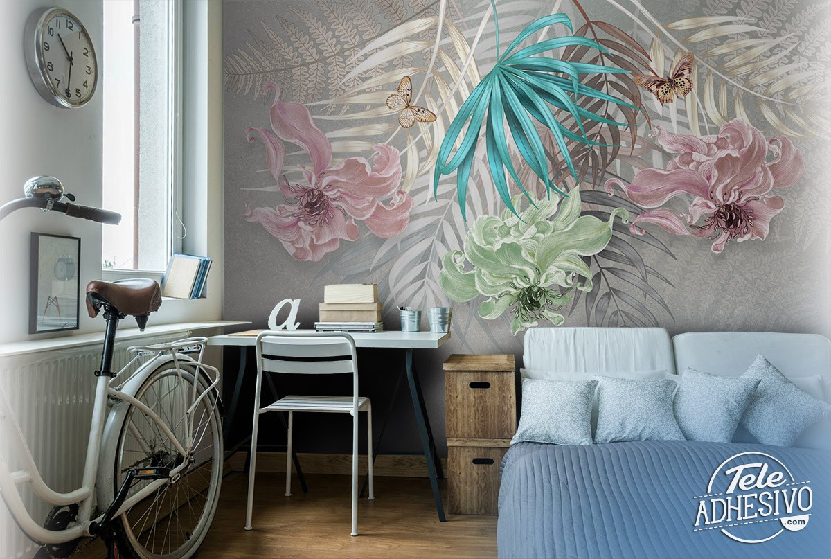 Poster xxl: Fleurs Colorées sur Fond Gris