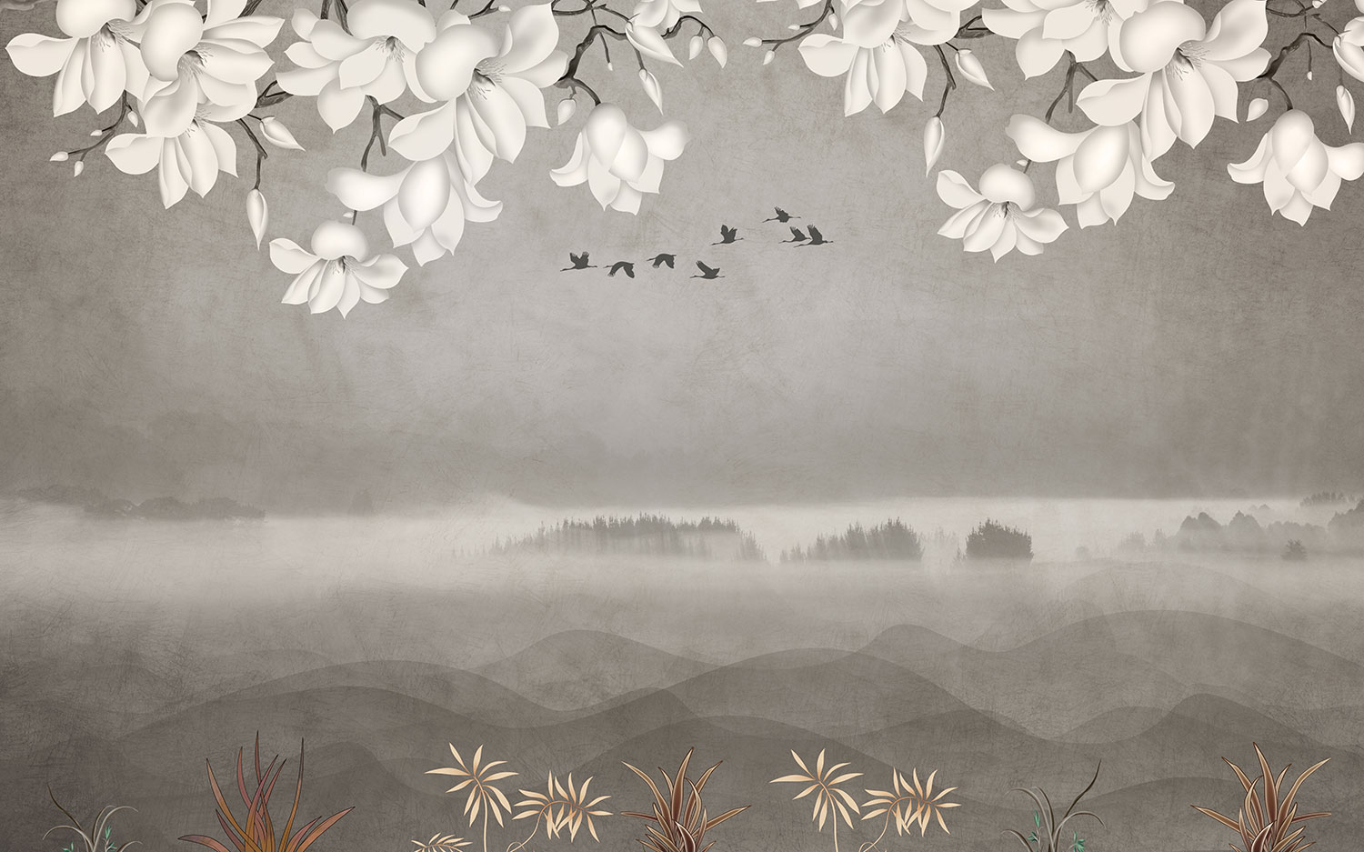 Poster xxl: Paysage avec des Fleurs Blanches