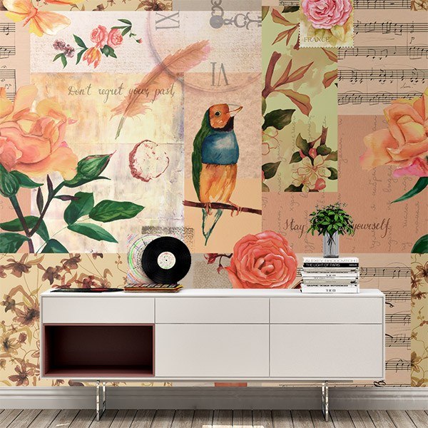 Poster xxl: Collage oiseau et fleurs