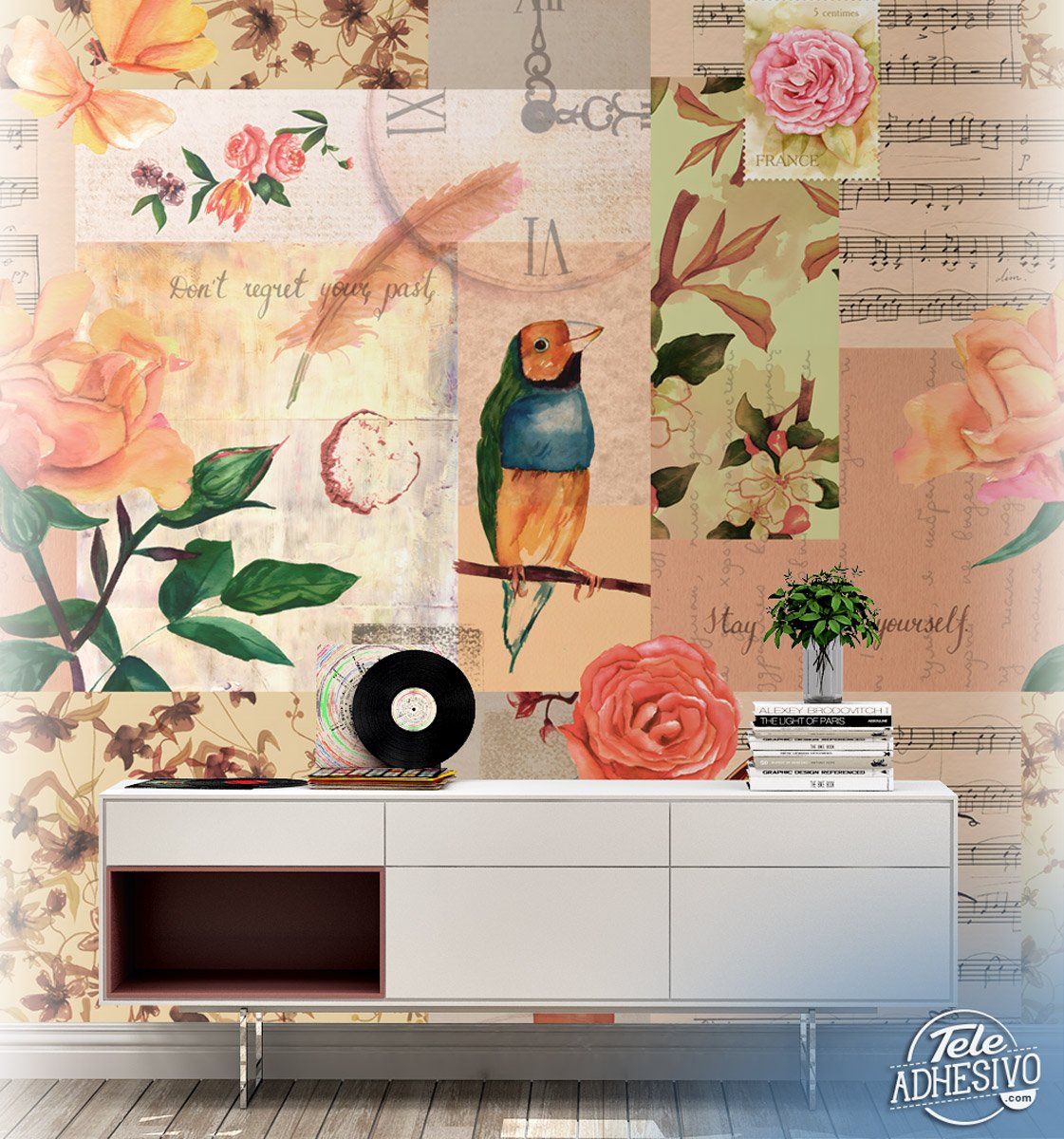 Poster xxl: Collage oiseau et fleurs