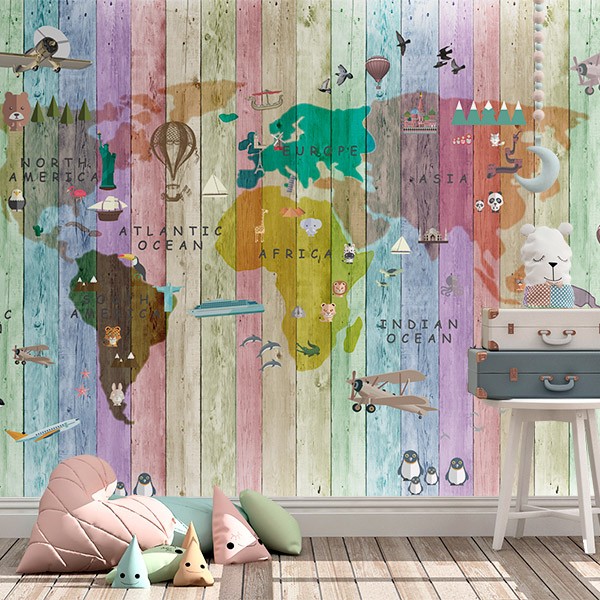 Poster xxl: Carte du monde pour enfants en palettes colorées 0