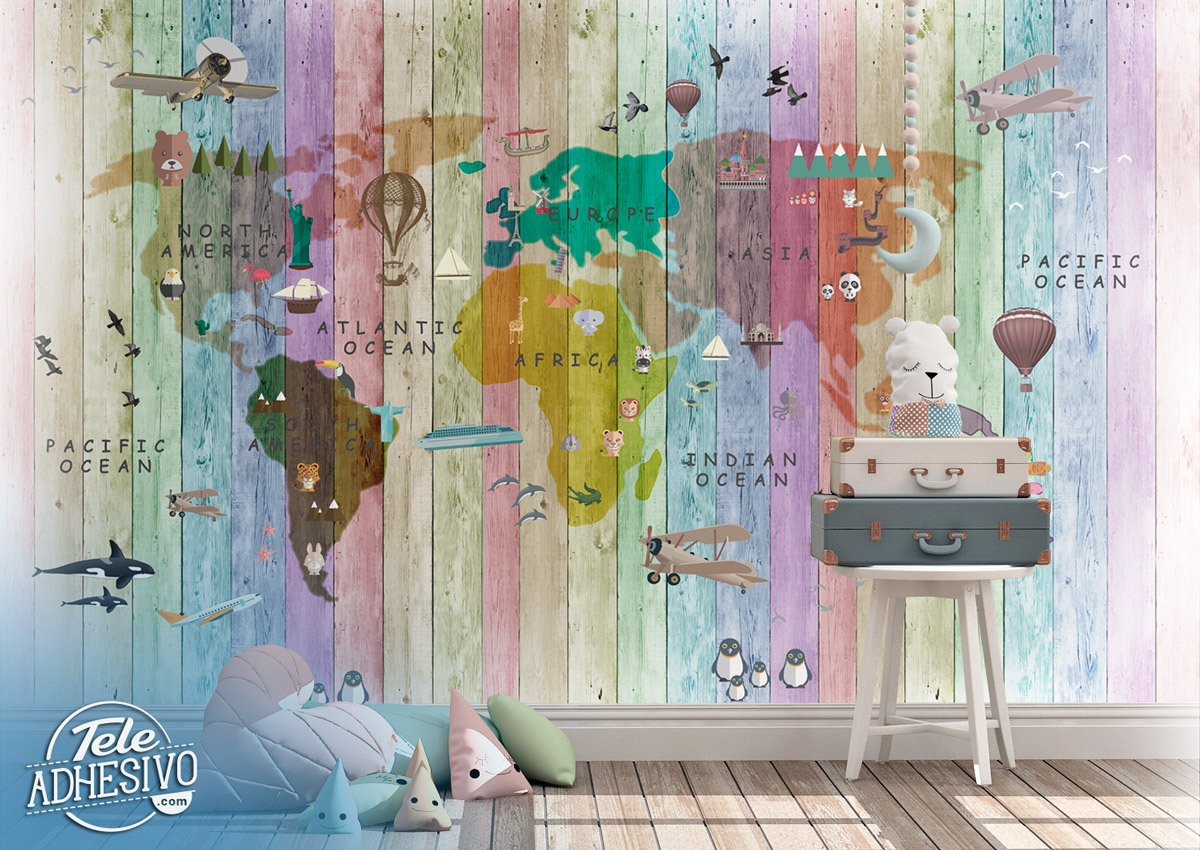 Poster xxl: Carte du monde pour enfants en palettes colorées