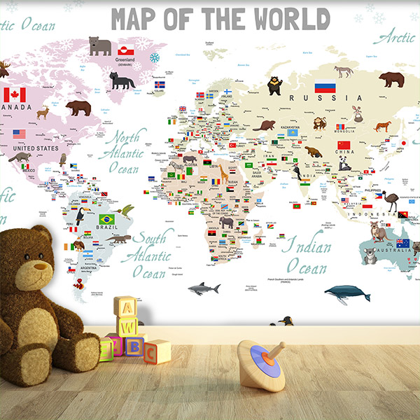 Poster xxl: Carte du monde pour enfants avec drapeaux et anima