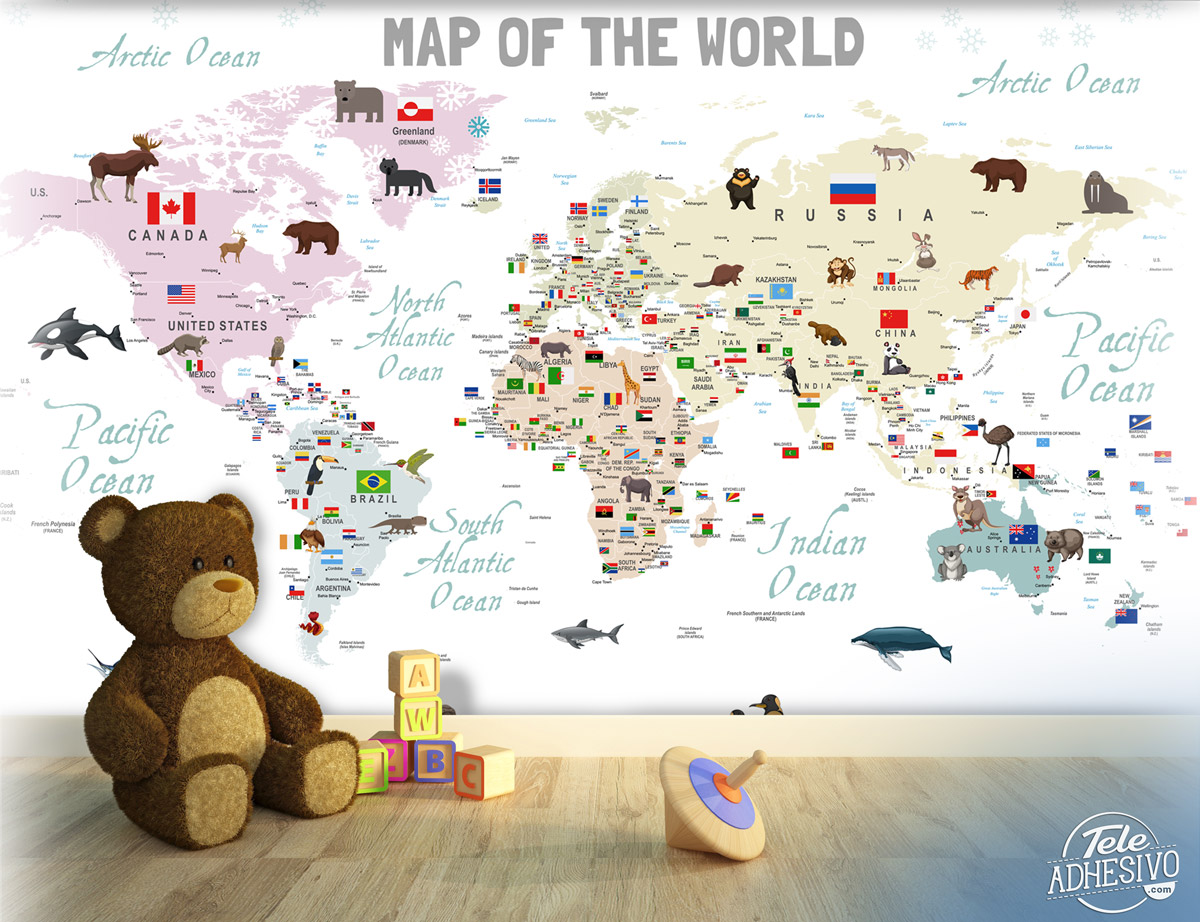 Poster xxl: Carte du monde pour enfants avec drapeaux et anima