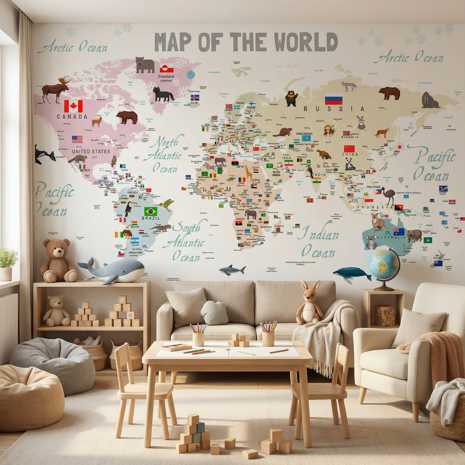 Poster xxl: Carte du monde pour enfants avec drapeaux et anima