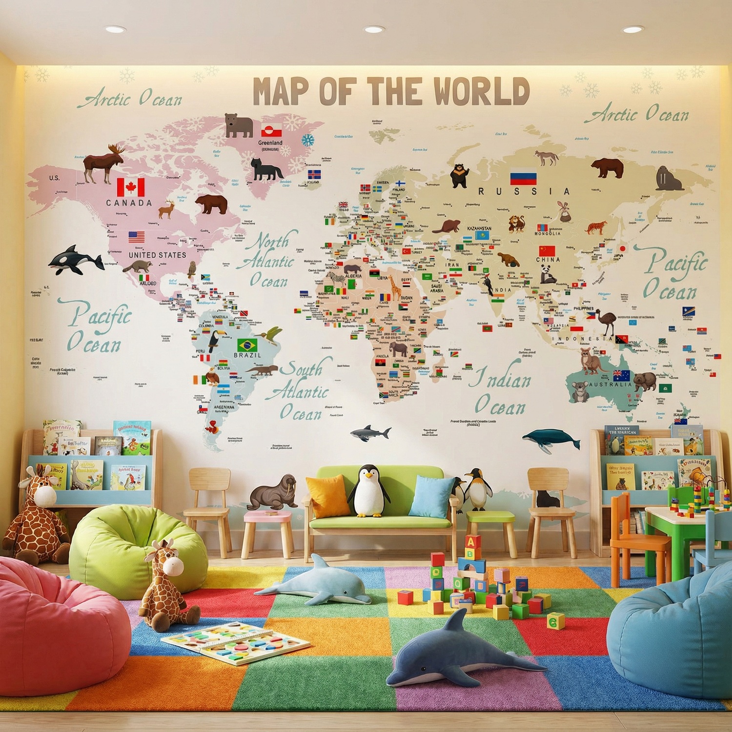 Poster xxl: Carte du monde pour enfants avec drapeaux et anima