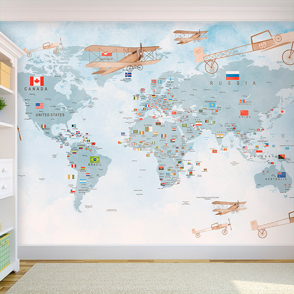 Poster xxl: Carte du monde pour enfants avec drapeaux et avion