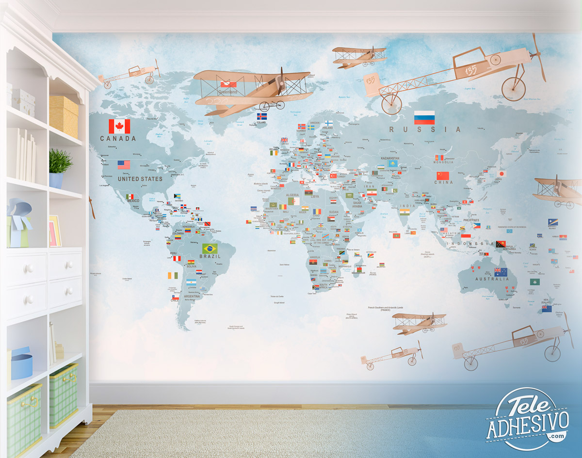 Poster xxl: Carte du monde pour enfants avec drapeaux et avion