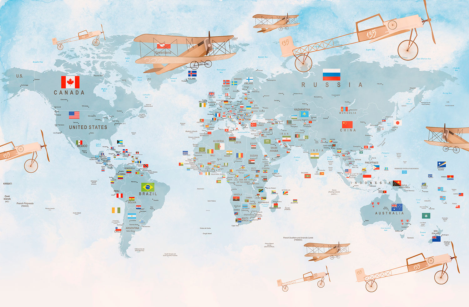 Poster xxl: Carte du monde pour enfants avec drapeaux et avion
