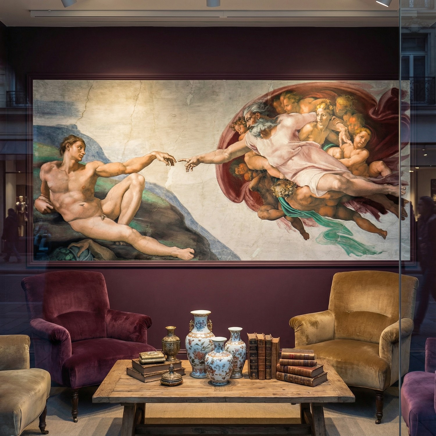 GEMMII Impression Sur Toile XXL Peinture De Michel-Ange Création D'Adam Main De Dieu Religion Classique Toile Mur Art Photos Affiches 80x160cm Sans