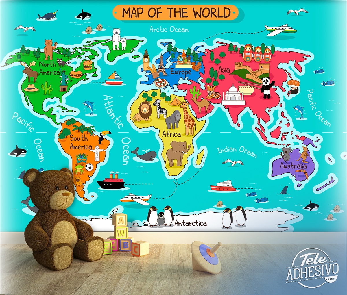 Poster XXL carte du monde pour enfants avec drapeaux et avions