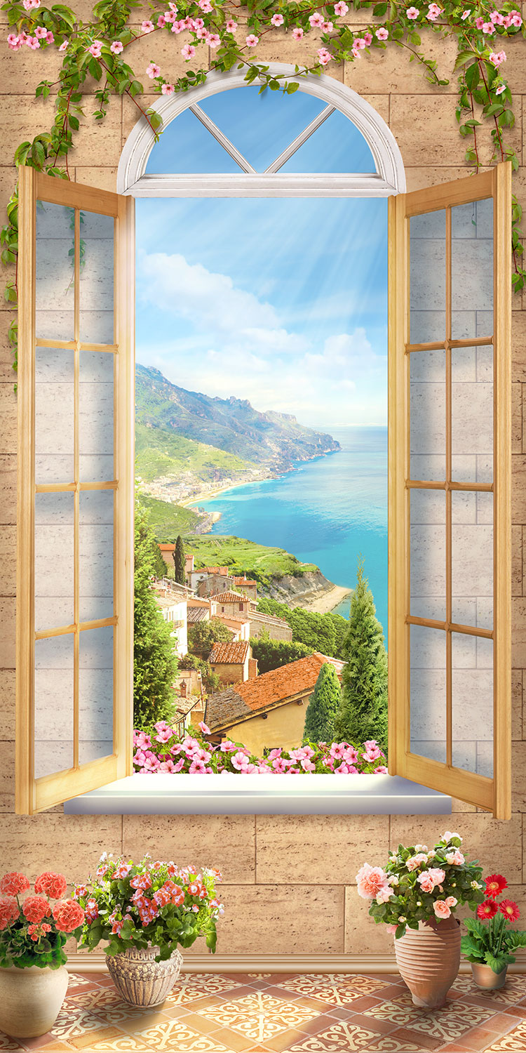 Poster xxl: Fen&ecirc;tre dans un village c&ocirc;tier