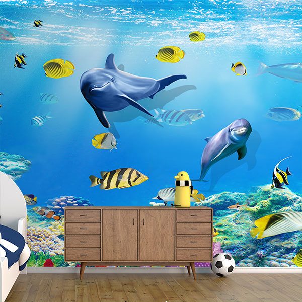 Poster xxl: Dauphins jouant parmi les poissons