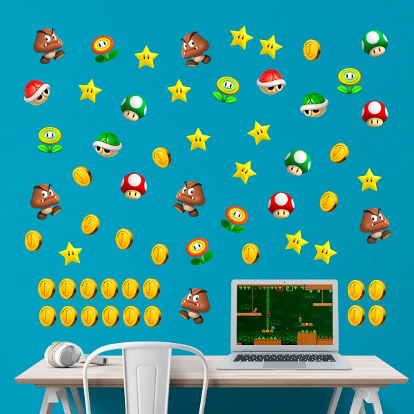 Stickers pour enfants: Kit 60X Mario Bros Personnages et Monnai