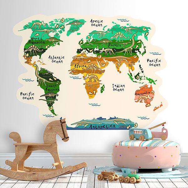 Stickers pour enfants: Carte du monde des continents et des dinosaures 1