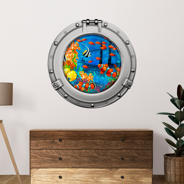 Stickers muraux: Hublot poissons-clowns et épave