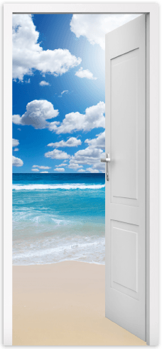 Stickers muraux: Porte ouverte sur la plage et les nuages