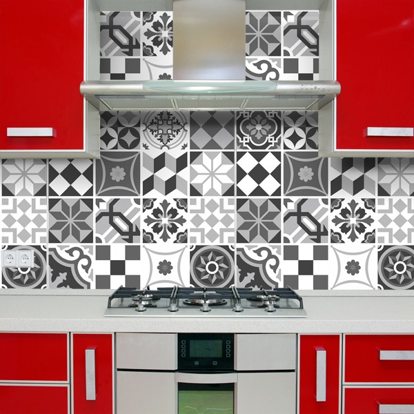 Stickers muraux: Kit 48 carreaux cuisine noir et blanc