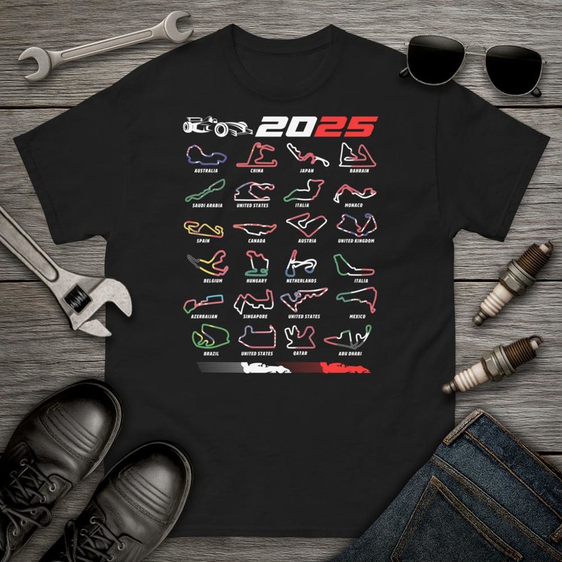 T-shirts: Circuits de Formule 1 2025 avec Drapeaux Nationaux