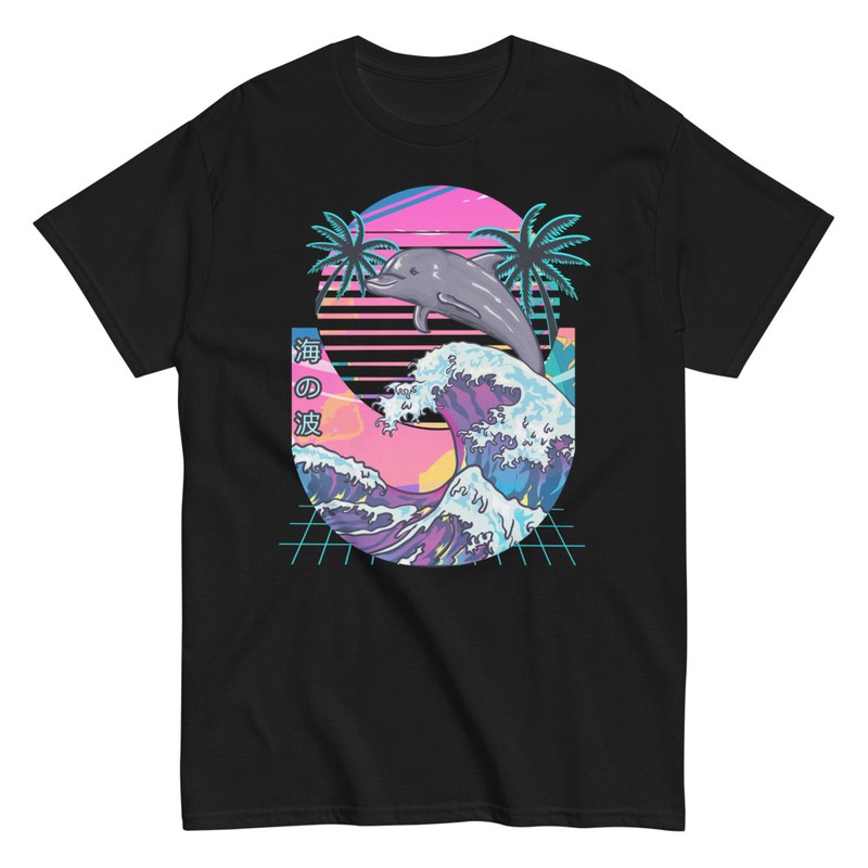 T-shirts: T-shirt Dauphin Sautant Grande Vague Style Aesthet