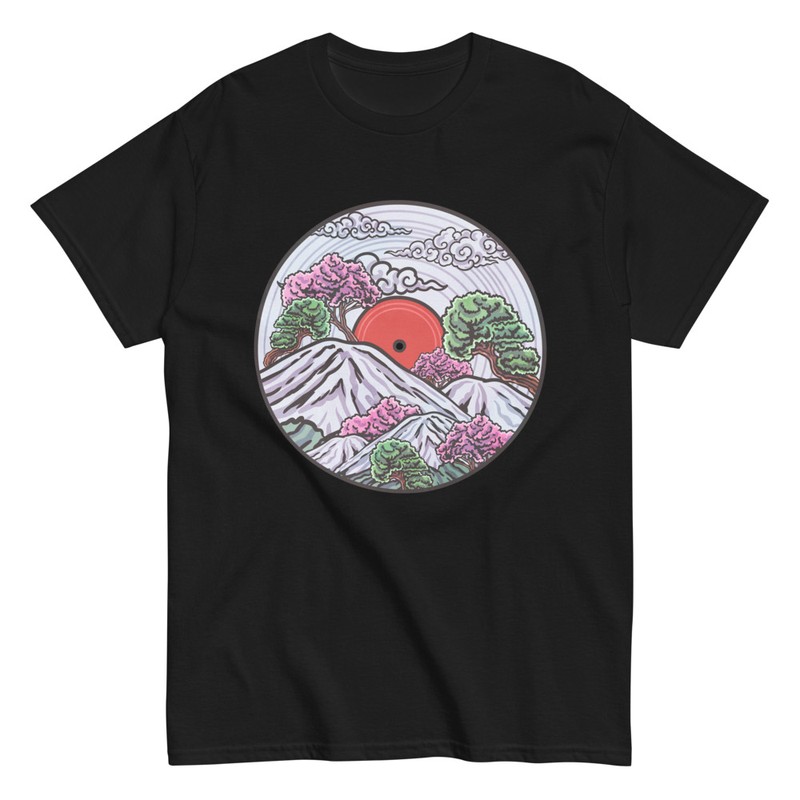 T-shirts: T-shirt avec Disque Vinyle et Paysage Japonais