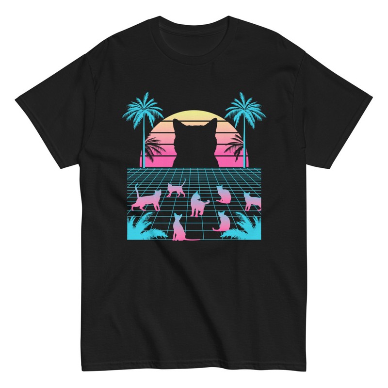 T-shirts: T-shirt Vaporwave avec Chats et Palmiers