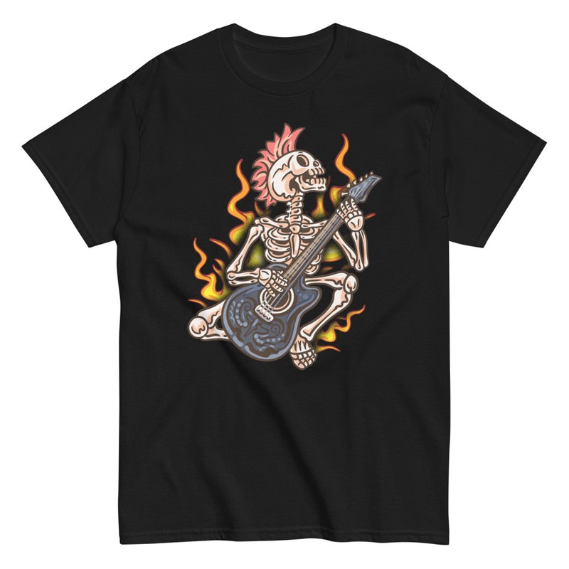 T-shirts: T-shirt Esquelette Punk Guitariste en Feu