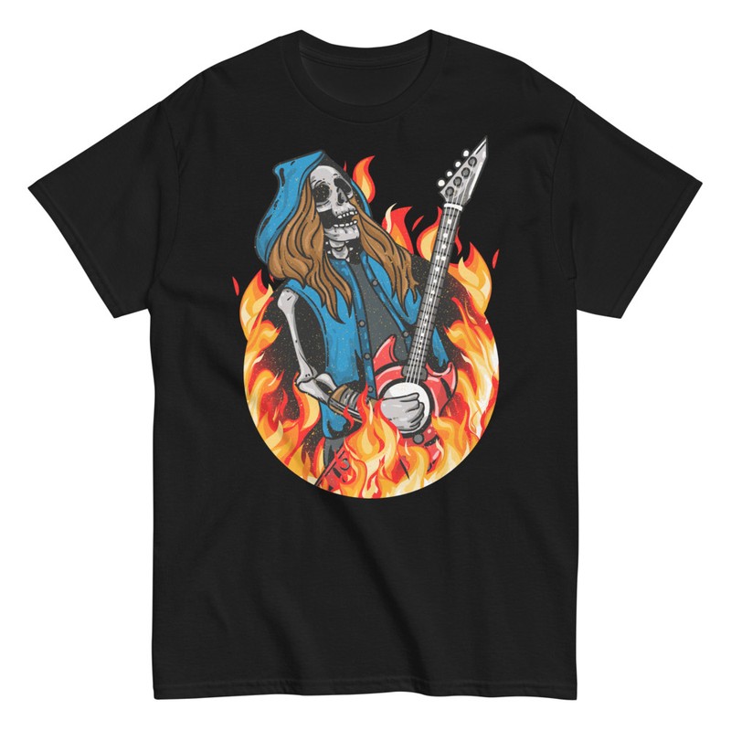 T-shirts: Guitariste Squelette Rockeur en Flammes