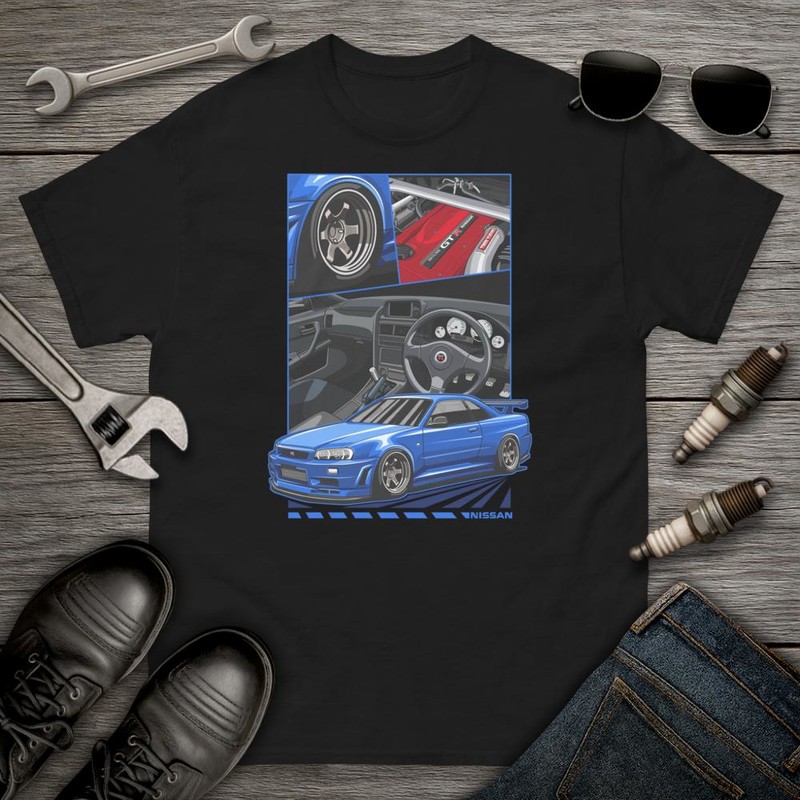 T-shirts: Coche Sportif Bleu Nissan Skyline