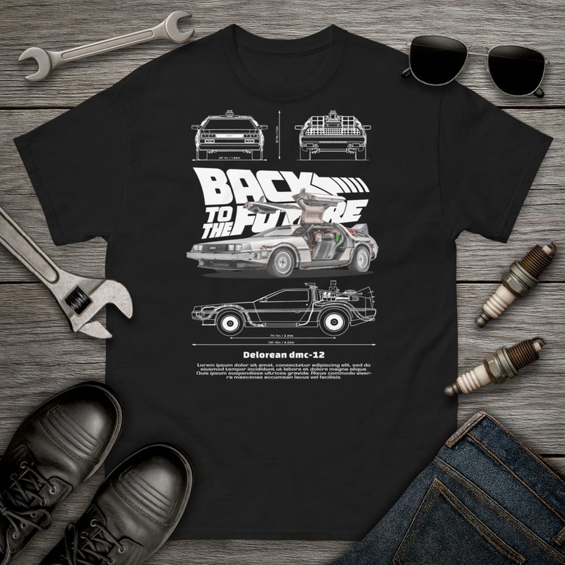 T-shirts: Dessin du DeLorean DMC-12 avec Texte de Retour ver