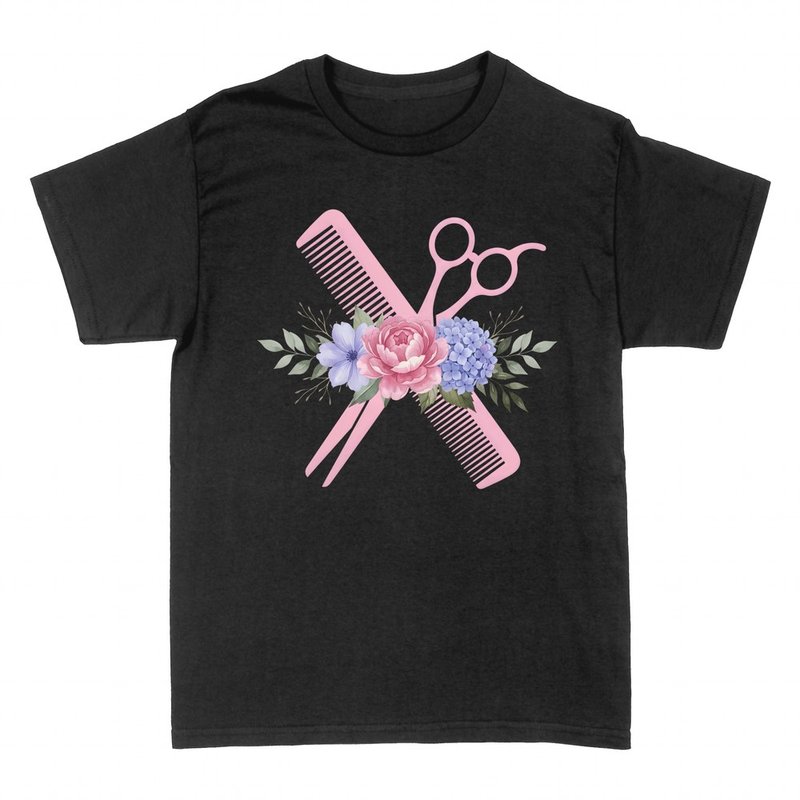 T-shirts: Peigne et ciseaux de coiffure fleuris