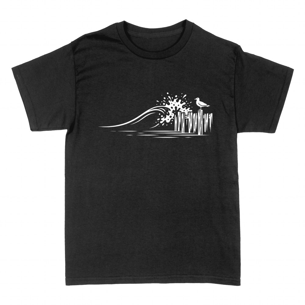 T-shirts: Vague et mouette sur pilotis en bois