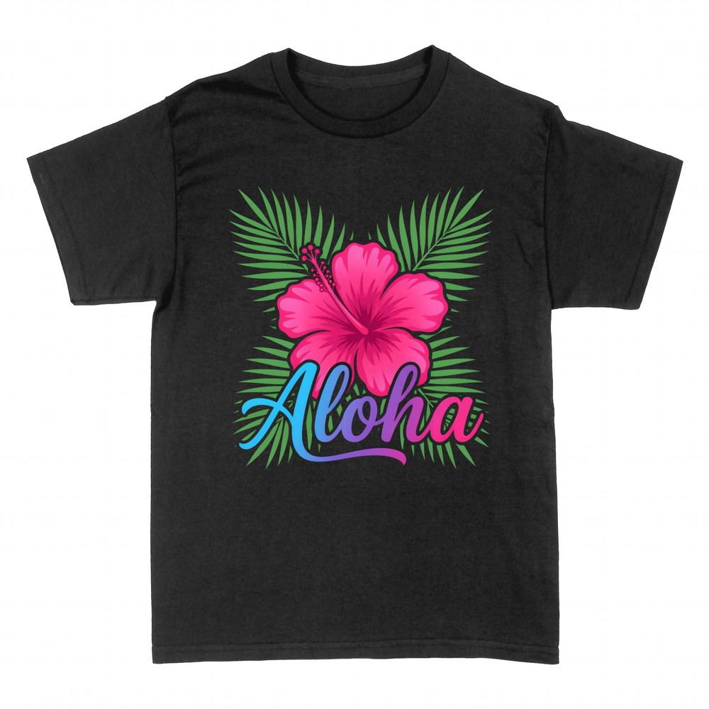 T-shirts: Aloha avec hibiscus rose et palmiers