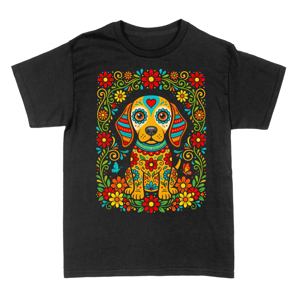 T-shirts: Chien t&ecirc;te de mort mexicaine fleuri
