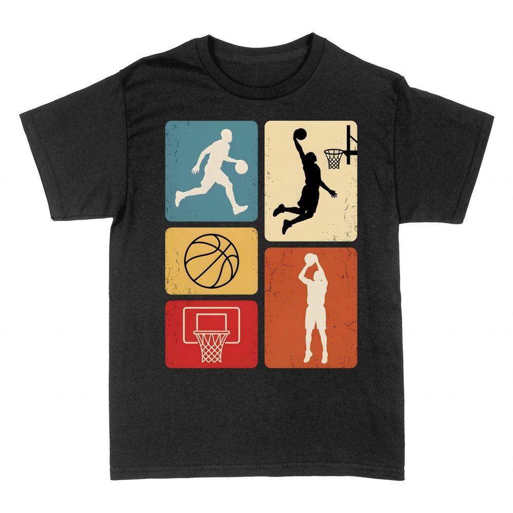 T-shirts: Collage r&eacute;tro de basket avec silhouettes et panier