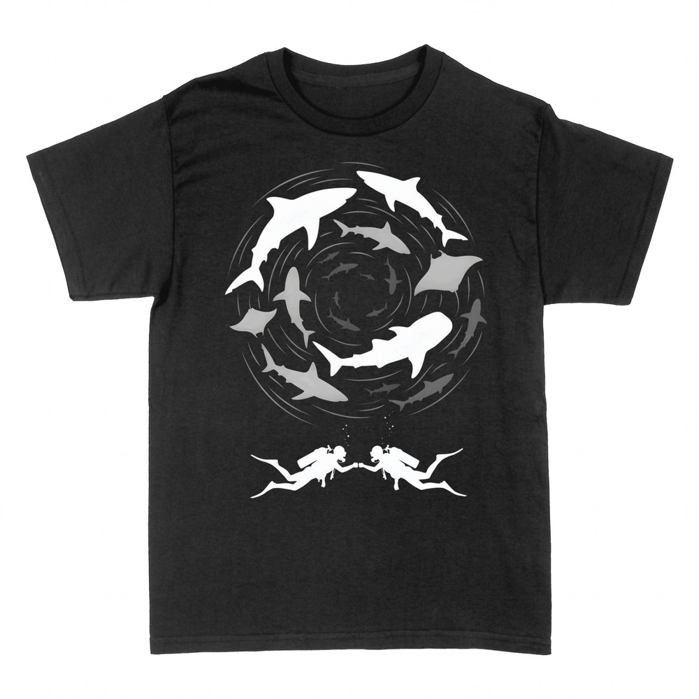 T-shirts: Plongeurs et tourbillon de requins