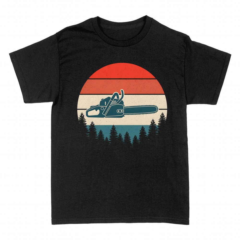 T-shirts: Tron&ccedil;onneuse r&eacute;tro et for&ecirc;t de pins au coucher