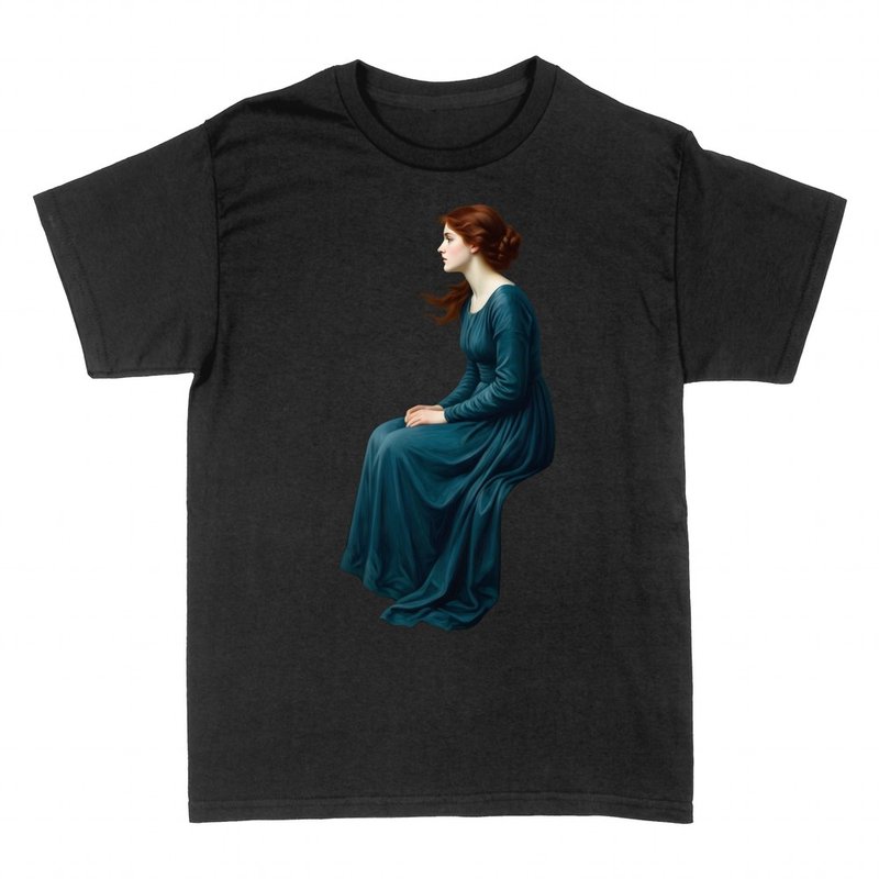 T-shirts: Femme pr&eacute;rapha&eacute;lite assise de profil en robe bleue