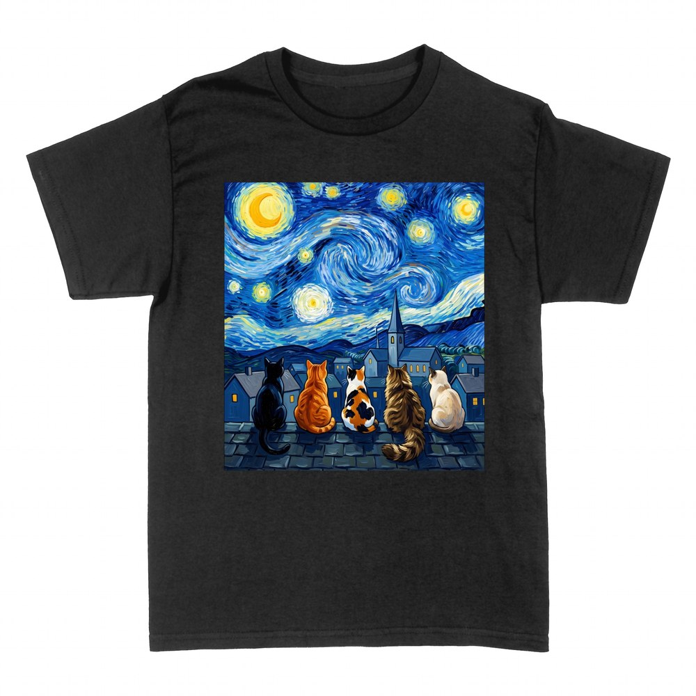 T-shirts: Chats de dos sous une nuit &eacute;toil&eacute;e de Van Gogh