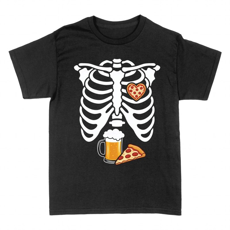 T-shirts: Squelette radio avec pizza c&oelig;ur et bi&egrave;re