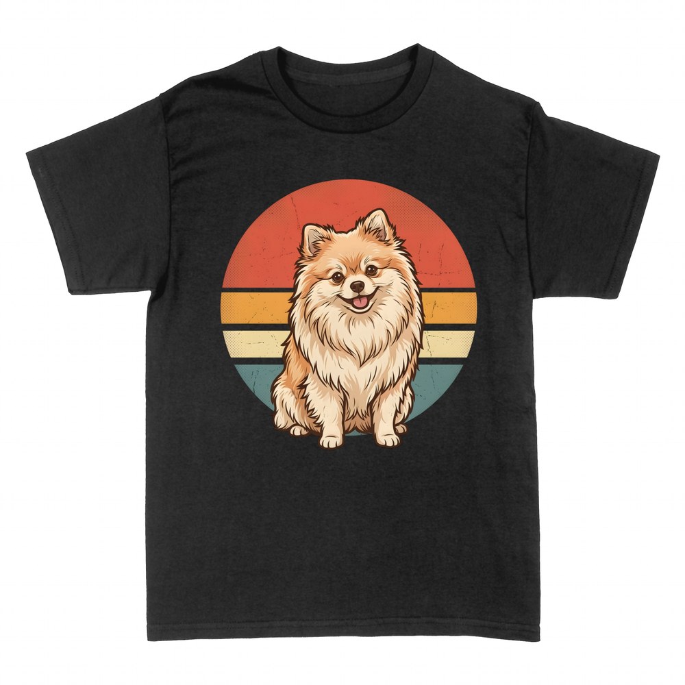 T-shirts: Chien spitz nain avec coucher de soleil r&eacute;tro