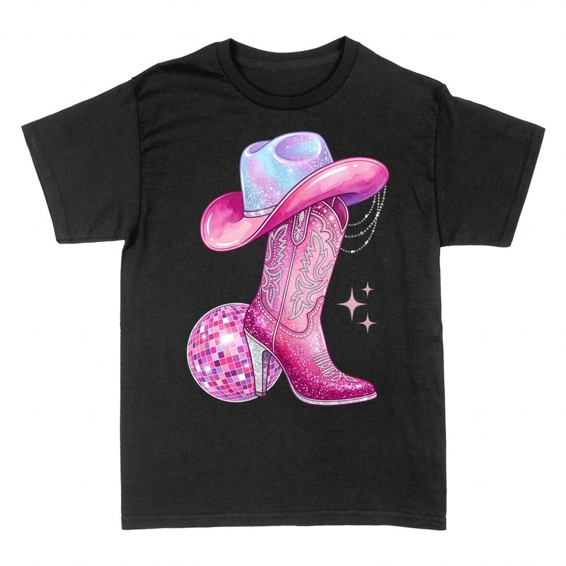 T-shirts: Botte cowgirl rose et boule disco