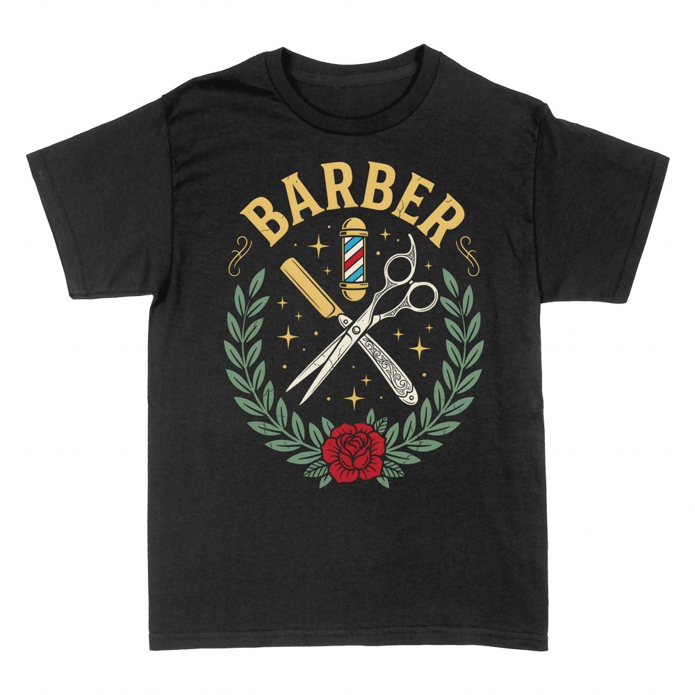 T-shirts: Barbier Vintage - Rasoir, Ciseaux et Rose