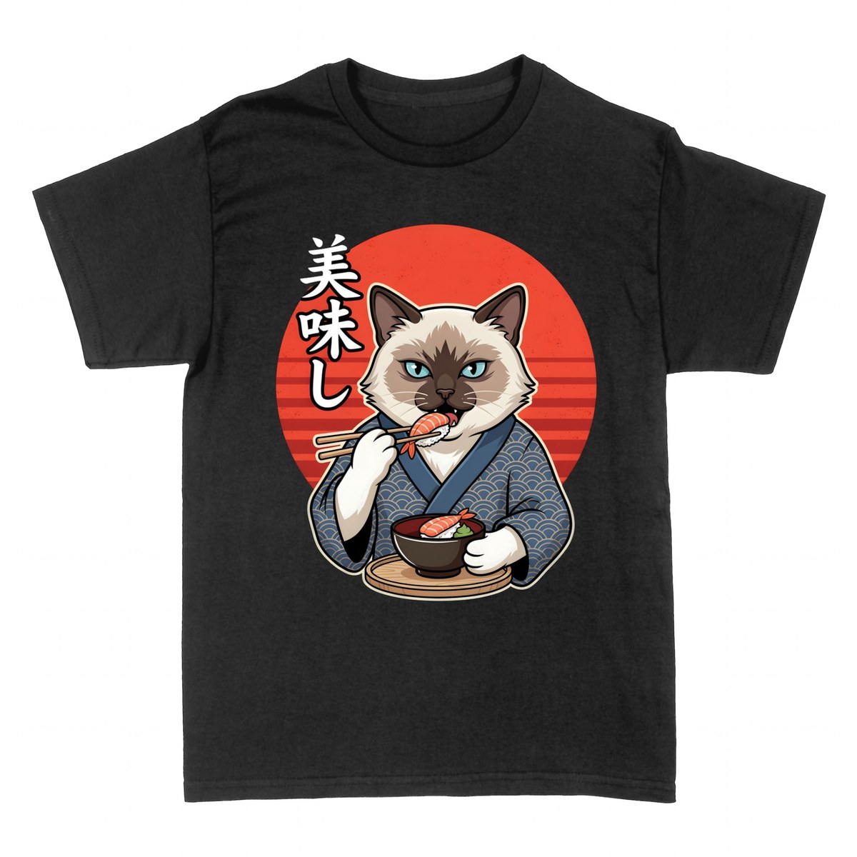 T-shirts: Chat Japonais en Kimono Mangeant des Sushis