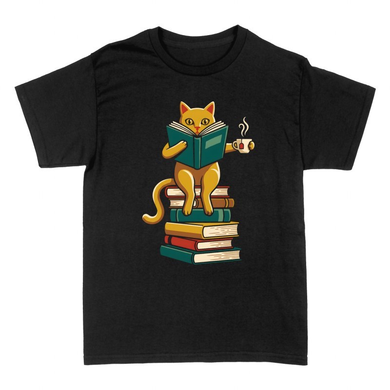 T-shirts: Chat qui lit sur une pile de livres avec th&eacute;