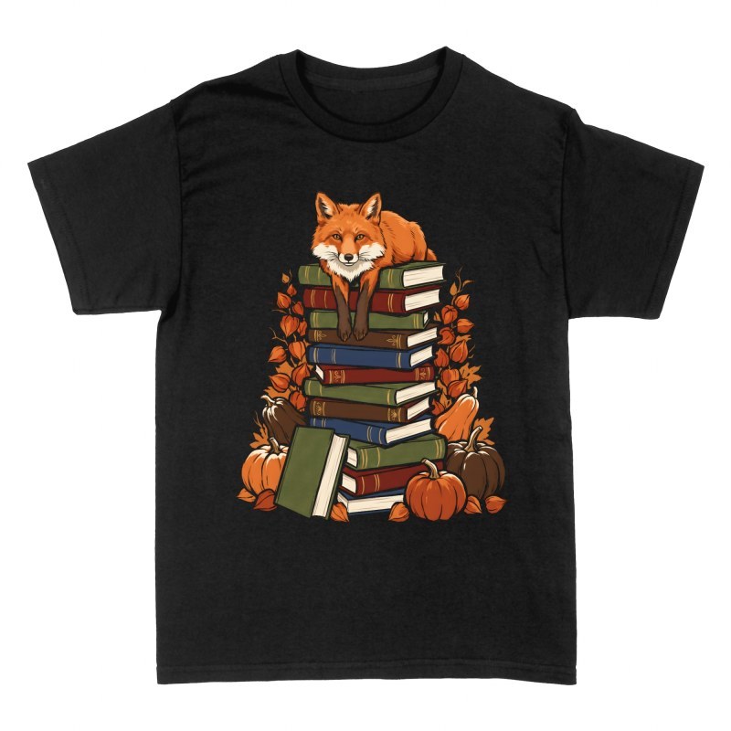 T-shirts: Renard sur pile de livres et citrouilles