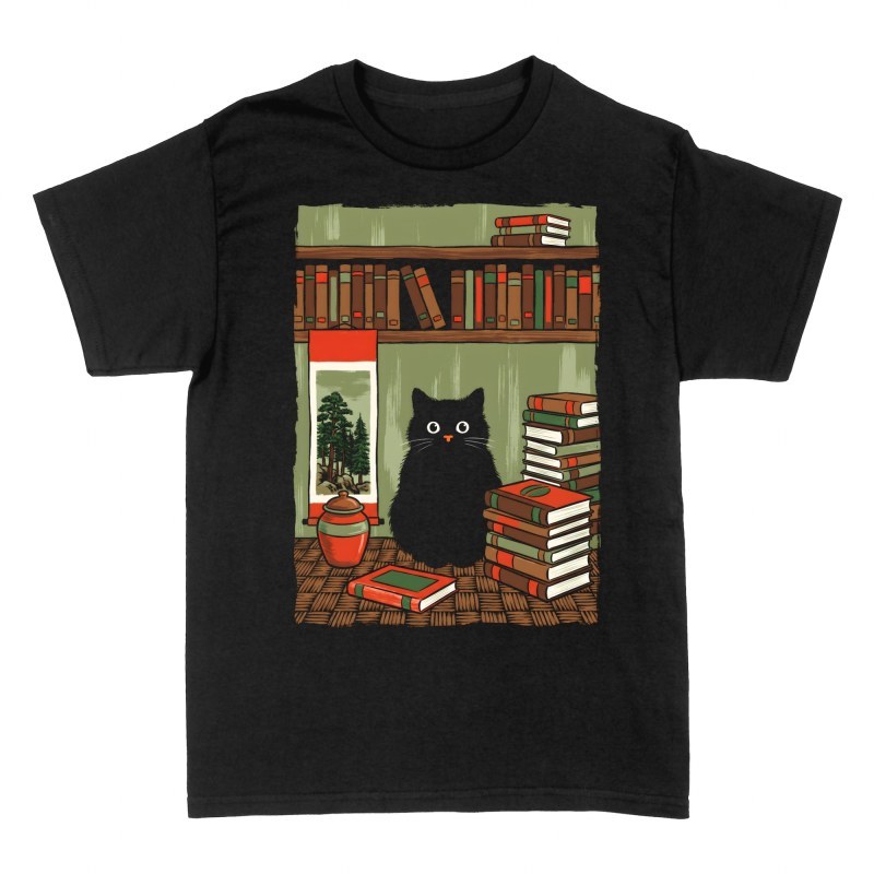 T-shirts: Chat noir et livres dans la biblioth&egrave;que