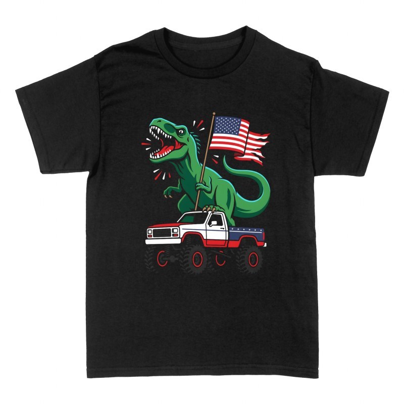T-shirts: T-rex sur monster truck avec drapeau usa
